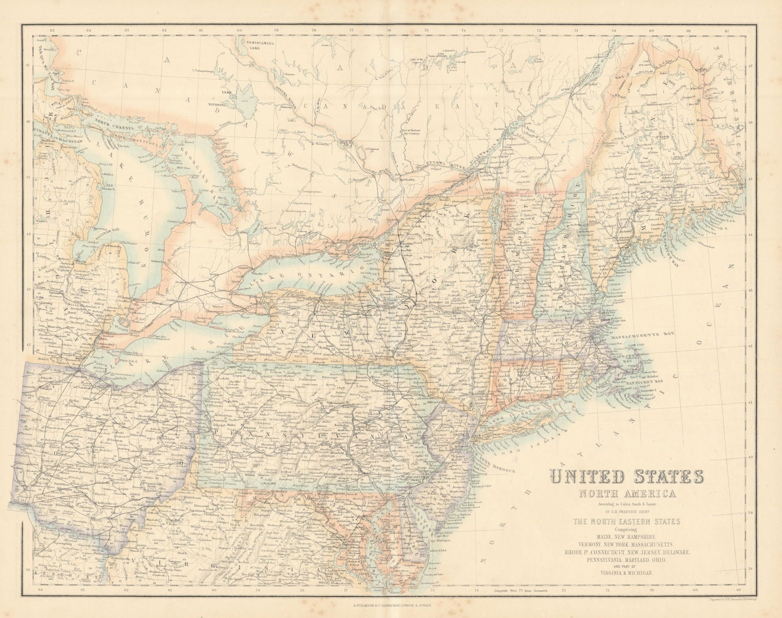 United States North East. Mid-Atlantic & New England states. FULLARTON c1863 map